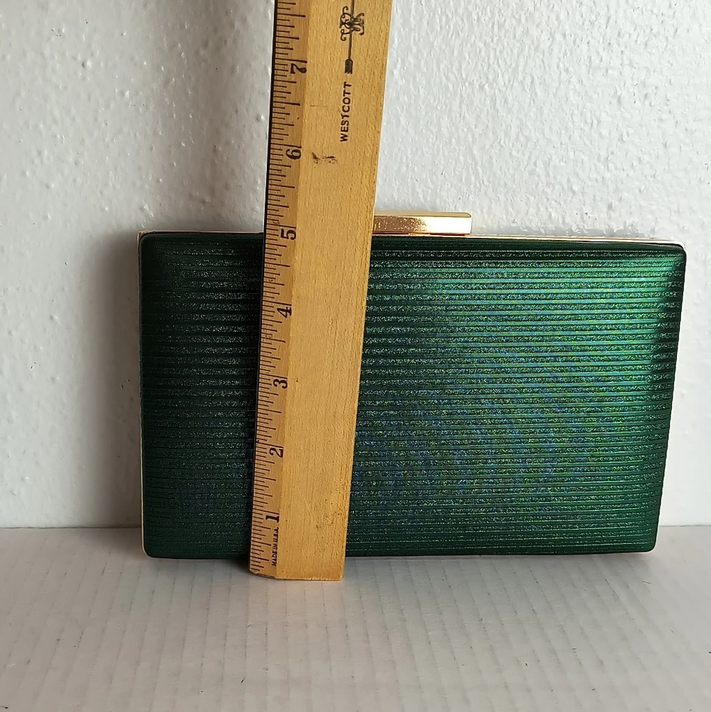 Shimmer Emerald Gold Tone Satin Evening Clutch Square Bag Metal Strap